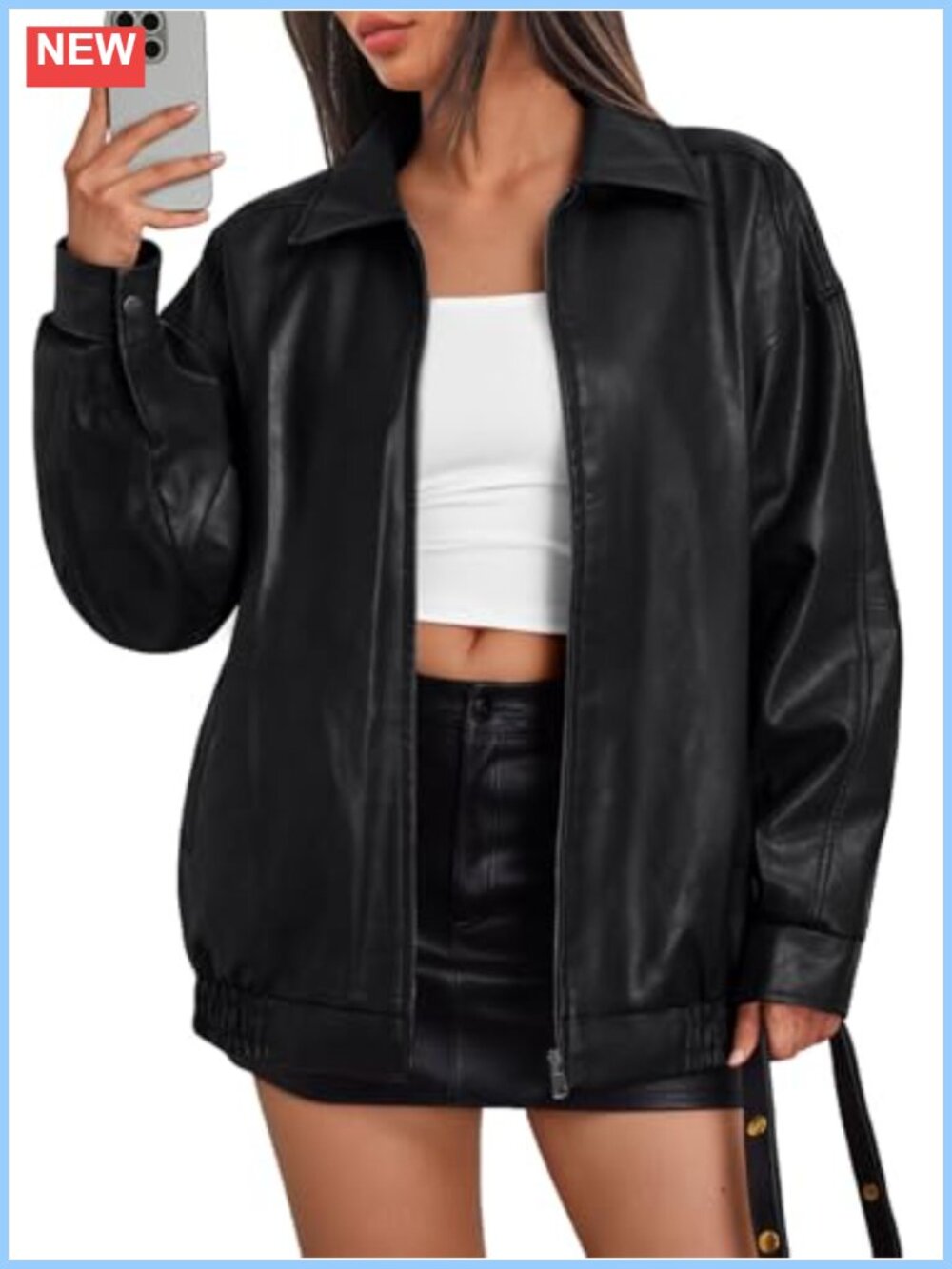 Oversized Faux Leather Moto Bomber Jacket Women Fall Winter